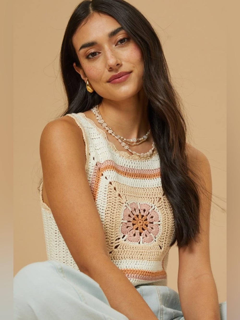 Altar’d State Savana Crochet Top Ivory central bohemian square pattern NWT A75